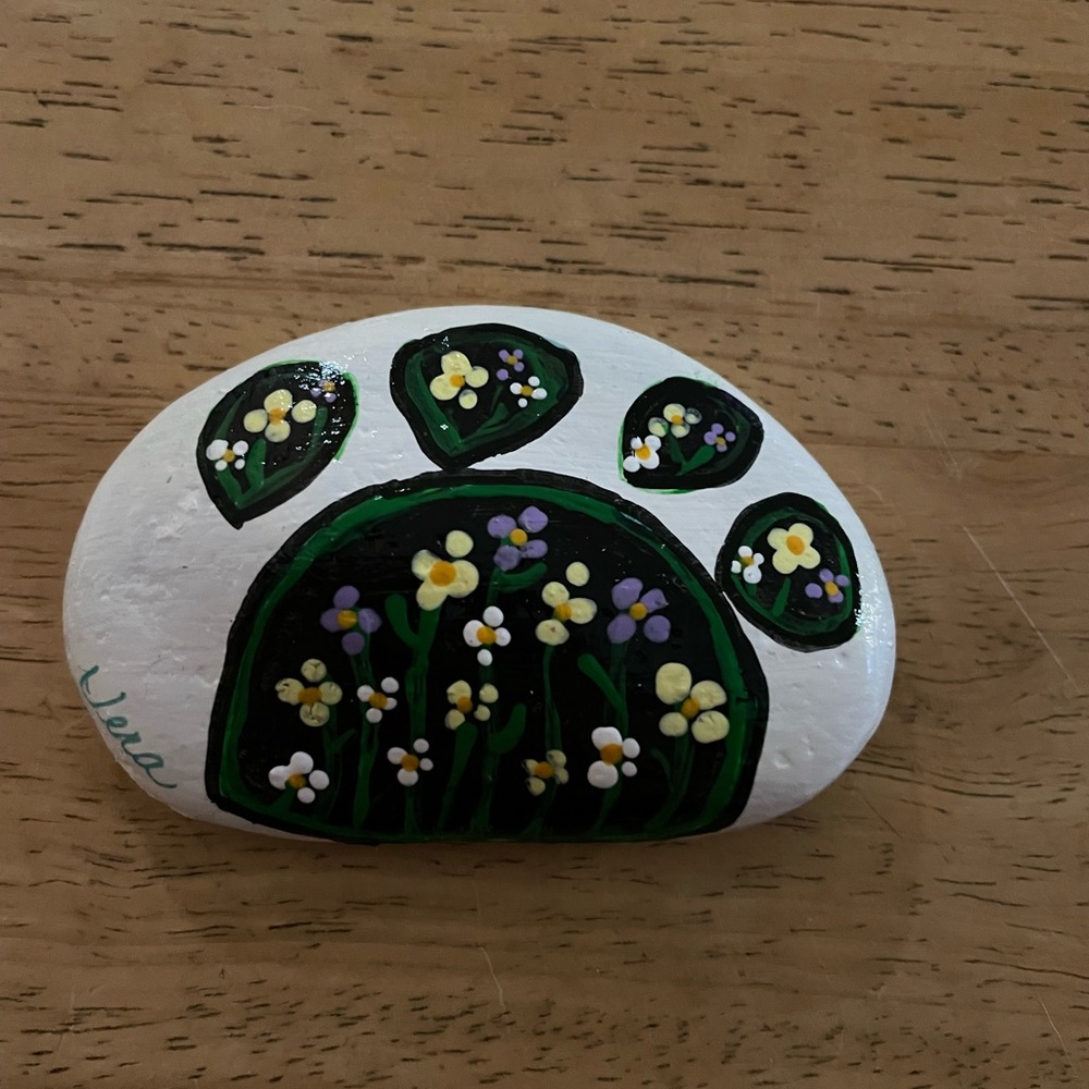 Hand crafted painted floral paw rock white background stone 3x1.5 inch approx - Picture 7 of 13
